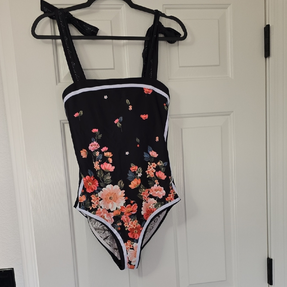 Floral Black One-Piece Swimsuit Reversible Sz Sm Nwot